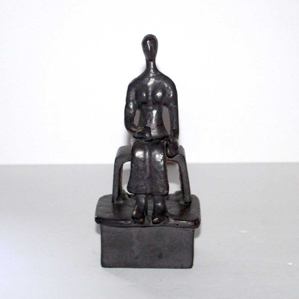 Brutalist Seated Man Sculpture Figurine bookend 7” art metal iron